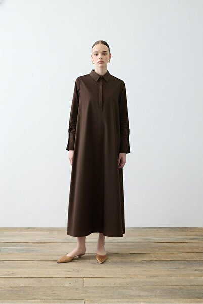 TERZİ DÜKKANI NOVA PAPER TOUCH POPLİN BOL KESİM ELBİSE KAHVE