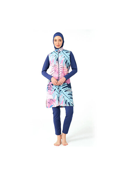 ALFASA Indigo Nature Patterned Piping Decorated Fully Covered Women's Hijab Swimsuit 23433-25