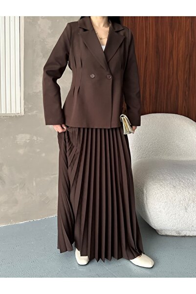 MYGİYİMİSTANBUL Double Button Blazer Jacket and Pleated Long Skirt Set