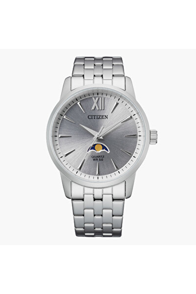 Citizen Quartz Moonphase Men Silver Dial Analog Watch with Silver Strap - AK5...