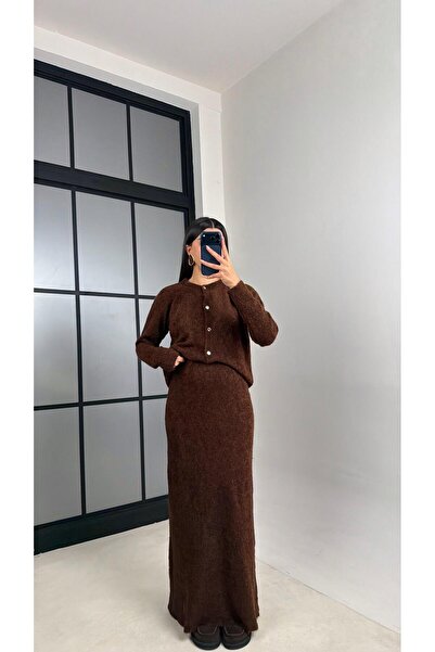 Gaus Coffee Cardigan Elastic Waist Skirt Knit Set GAUS-00853