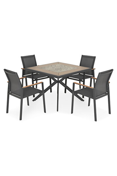 Maison Mex Set 4 scaune si masa grădină/terasă, PAFOS, antracit/natur-mix gri