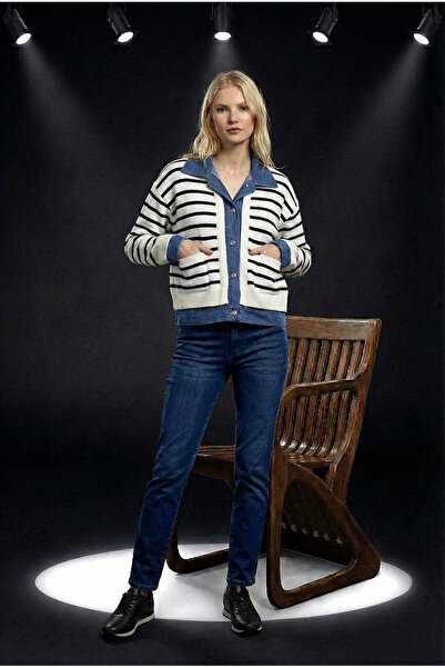 Robin Women's White Black Striped Denim Detailed Knitwear Cardigan