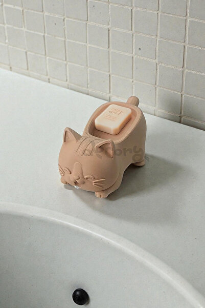 decory Salmon Color Cute Cat Design Soap Dish, Decorative Cat Design Soap Dish with Water Drain (Bioplastic)