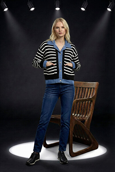 Robin Women's Black and White Striped Denim Detailed Knitwear Cardigan