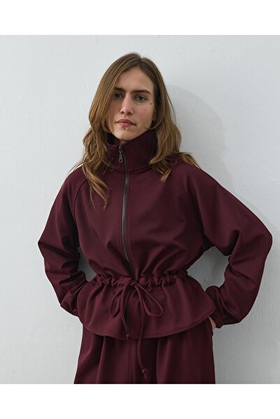 Aybikestil Fitilli Diagonal Fermuarlı Kalkık Yaka Belden Tünelli Ceket Mürdüm