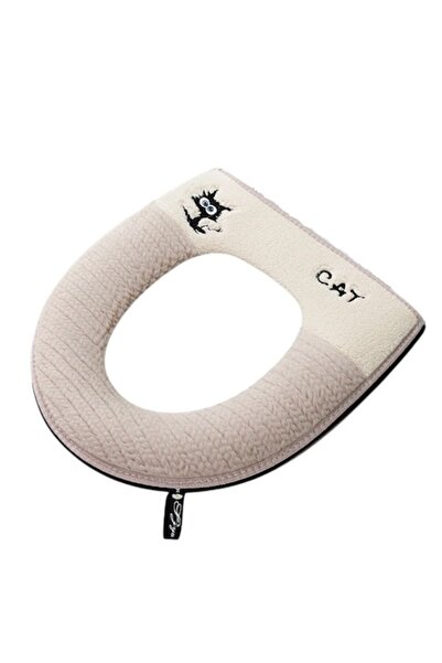 OEM Toilet seat cover with zipper, soft, cat print, cream beige