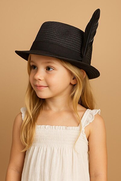 Katia&Bony قبعة فوترو من القش للأطفال مع إكسسوارات من الريش باللون الأسود