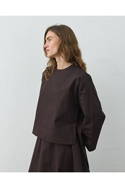 Aybikestil Paper Gabardin Yırtmaçlı Basic Bluz Acı Kahve