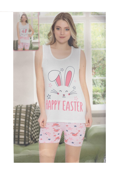 Produse.Top Pijama Dama cu imprimeu iepure maiou alb si pantaloni rozscurti PJD084