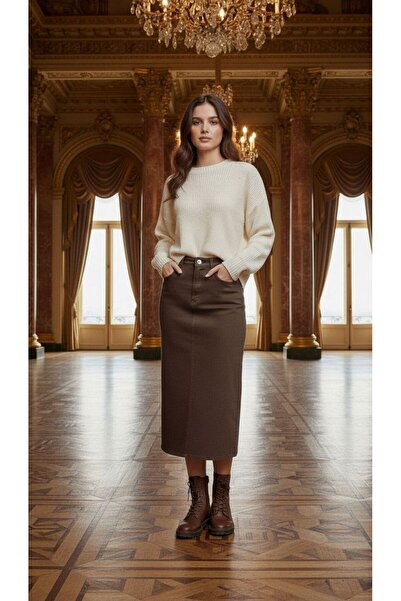 Dema تنورة دينيم نسائية بنية اللون مصنوعة من القطن