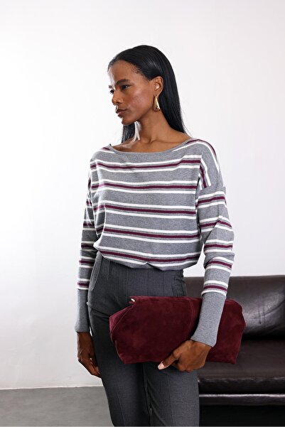 5in1Canpolat Burgundy Boat Neck Striped Knitwear 251185