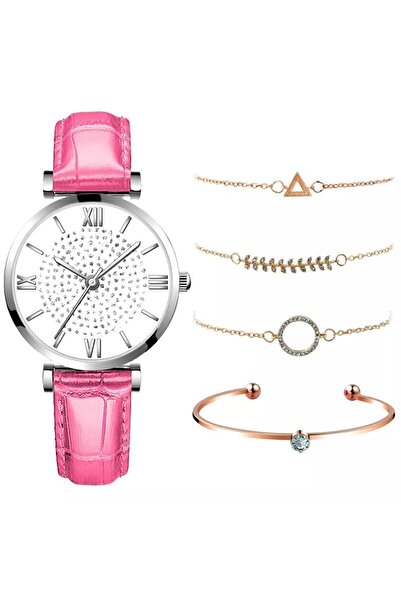 Produse.Top Ceas Dama cu bratara piele roz si set de 4 bratari aurii +Cutie CADOU QUARTZ CDQZ121