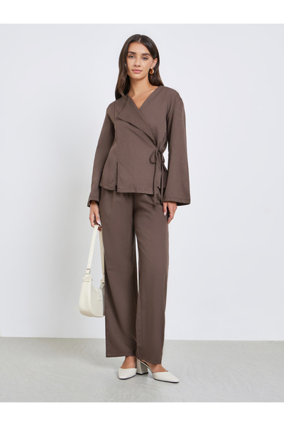 Styli Women Brown Solid Wrap Top and Pants Co-Ords