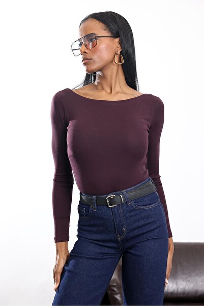 5in1Canpolat Plum Boat Neck Long Sleeve Basic T-Shirt 16483