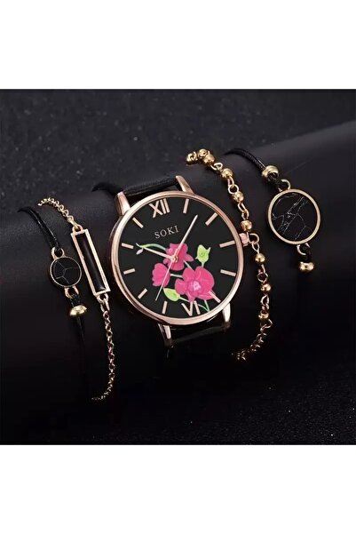 Produse.Top Ceas Dama Luxury auriu cu orhidee si bratara neagra CDQZ124