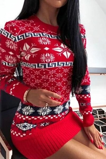 Produse.Top Rochie Dama Tricotata rosie imprimeu tematica de Craciun Marime Universala RCD13