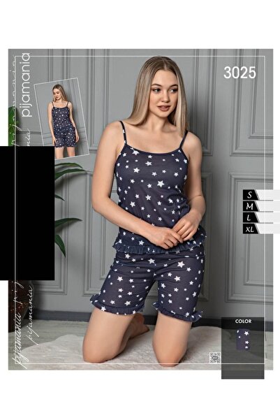 Produse.Top Pijama bleumarin dama din bumbac cu elastan lejera cu imprimeu stelute albe maiou si pantaloni scu