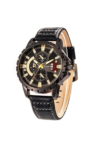 Produse.Top Ceas Barbatesc Casual cu cadran negru cifre aurii si bratara din piele ecologica neagra Fanteeda QUA