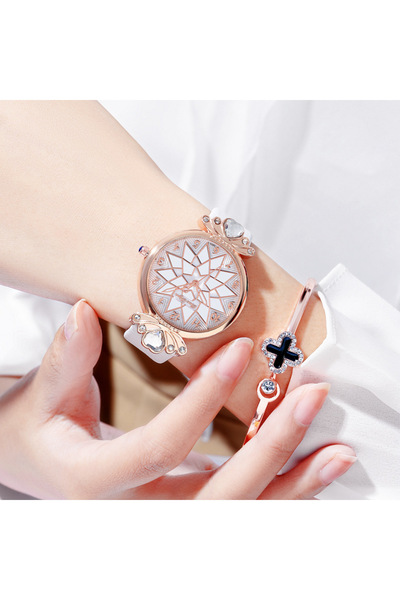 Produse.Top Ceas Dama alb curea din piele ecologica +bratara cu strasuri QUARTZ CDQZ113