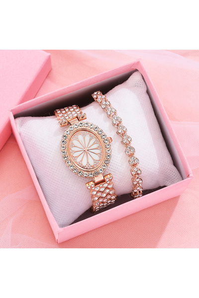 Produse.Top Set Ceas Dama Rosegold oval din metal cu strasuri + bratara QUARTZ CDQZ118