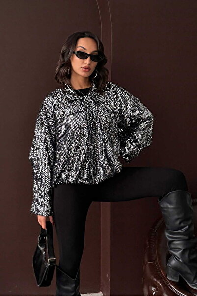 ND Payetli Oversize Kadın Ceket – Fermuarlı Işıltılı Şık