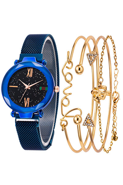 Produse.Top Set Ceas Dama cu 4 Bratari Fashion si Curea Magnetica Adaptabila Blue CDQZ061