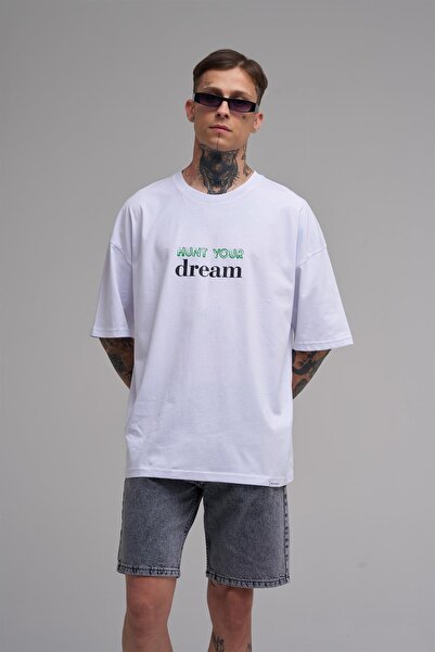 Machinist Unisex Oversized Hunt Your Dream Printed Cotton T-Shirt White