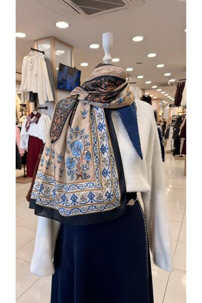 KUQOS Ottoman Ethnic Patterned Shawl Navy Blue