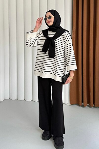 Hatun Atila طقم مكون من تونيك وشال كتف مخطط وبنطلون تريكو 4011 - أسود