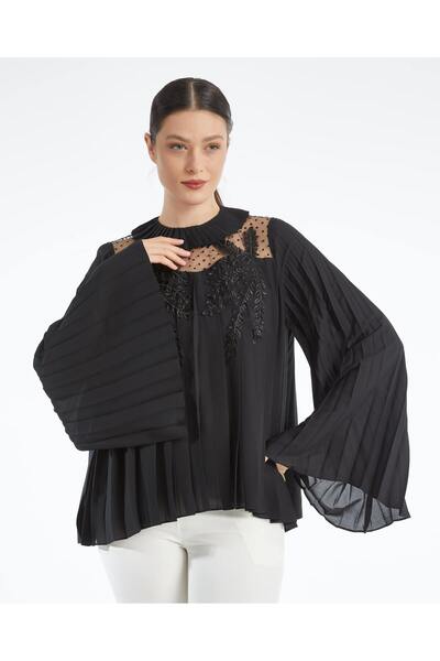 SERPİL Kadın Bluz - Yakası Transparan Detaylı - Volan Kol - Günlük ve Özel Da...