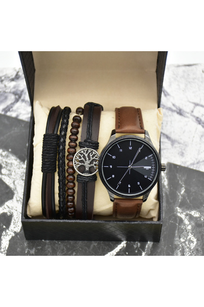 Produse.Top Ceas Barbati Elegant cadran negru curea din piele ecologica maro+4 bratari+cutie cadou CBYZ012