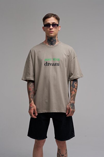 Machinist Unisex Oversized Hunt Your Dream Printed Cotton T-Shirt Khaki