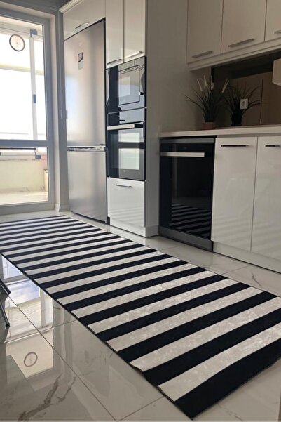 VOPTEKS Siyah Beyaz Mutfak Halısı Makinede Yıkanabilir Halı Kaymaz Taban Halı