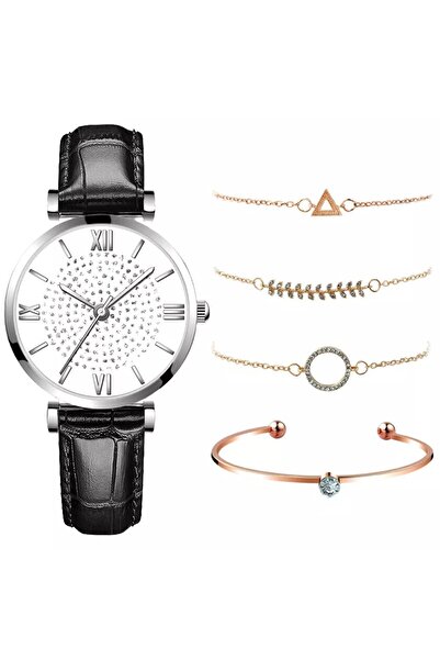 Produse.Top Ceas Dama din bratara piele neagra cu set de 4 bratari aurii +Cutie CADOU QUARTZ CDQZ121