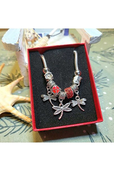 Produse.Top Bratara dama cu charmuri libelula si margele rosii de shamballa + cutie CADOU BRD012