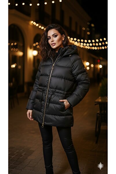 alieva Kadın Uzun Şişme Mont – Su Geçirmez, Bel Büzgülü, Kapüşonlu Kışlık