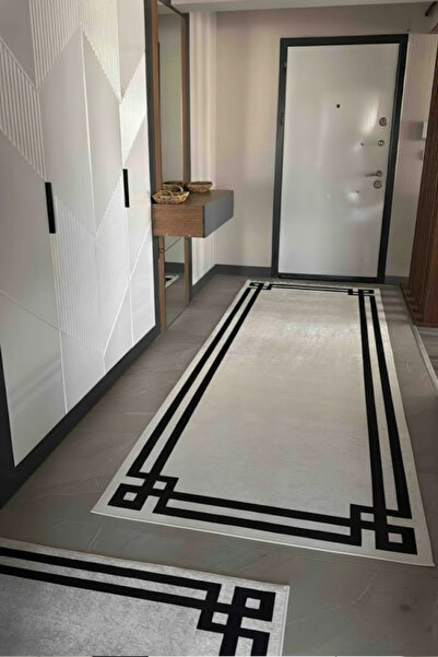 VOPTEKS Beyaz Siyah Halı Yolluk Makinede Yıkanabilir Halı Kaymaz Taban Halı