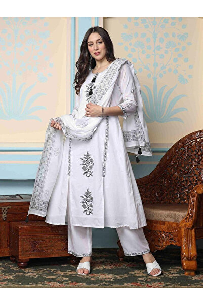 Ishin By Styli Women White Pure Cotton Kurta with Pants and Dupatta Set