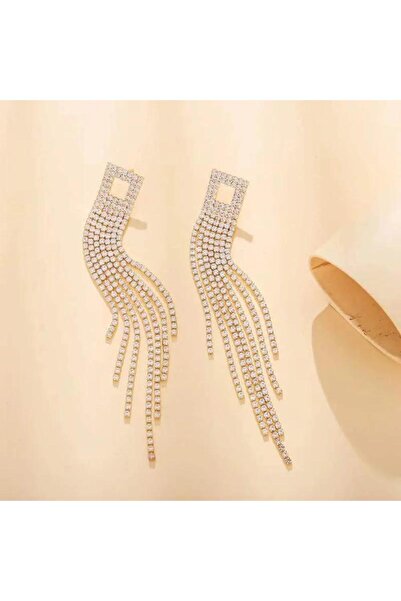 Produse.Top Cercei eleganti lungi aurii cu franjuri si strasuri CW50