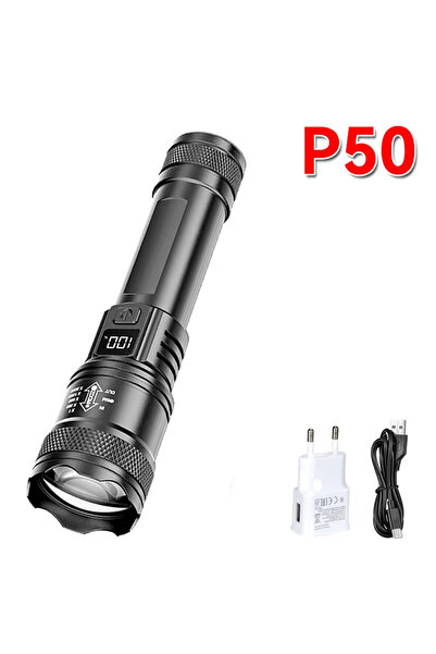 Choice مصباح يدوي تكتيكي من زووم، أسود اللون، مزود ببطارية مدمجة، قطعة واحدة مع قابس أوروبي، بقوة 2000 لومن، بتقنية LED P50 فائقة السطوع.