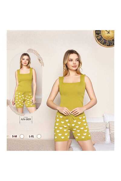 Produse.Top Pijama Dama tricotata verde mustar maiou si pantaloni scurti cu inimioare albe PJD089