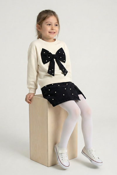 Dmb Момичешка блуза с папийонка, комплект с къси панталонки и пола с перлени ...