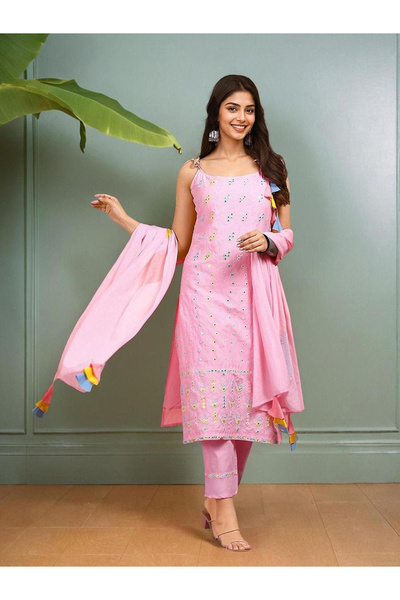 Ishin By Styli Women Pink Cotton Kurta with Pants and Dupatta Set