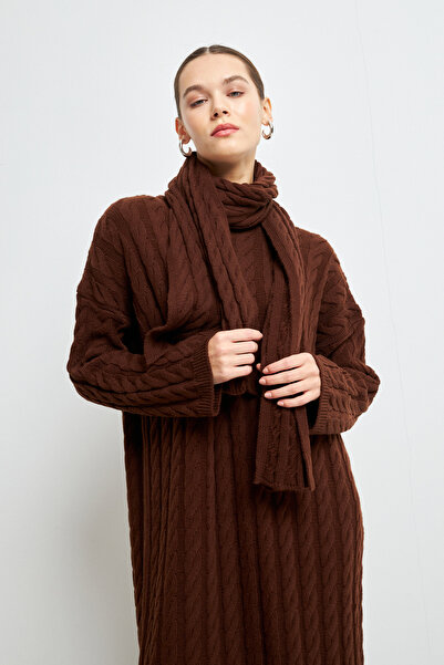 Ladima Scarf Detail Soft Knitted Tricot Dress Brown