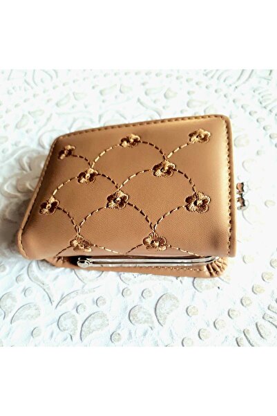 Produse.Top Portofel dama beige din piele ecologica cu flori brodate inchidere cu capsa si compartiment separat