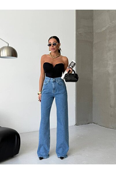 HerTon Yüksek Bel Paça Püsküllü Geniş Kesim Denim Pantolon – Mavi