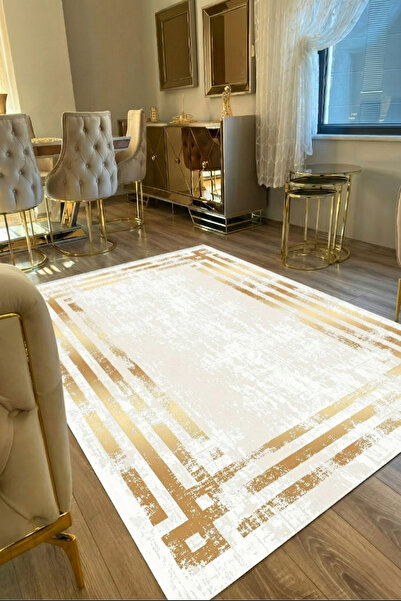 VOPTEKS Beyaz Gold Salon Halısı Makinede Yıkanabilir Halı Kaymaz Taban Halı