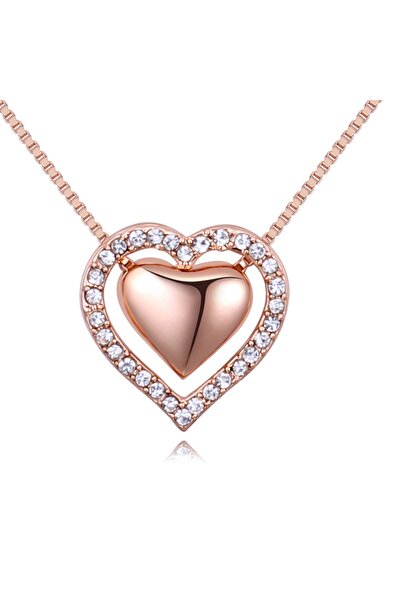Produse.Top Lantisor dama auriu roziu placat cu aur cu pandantiv inimioara si strasuri COL043