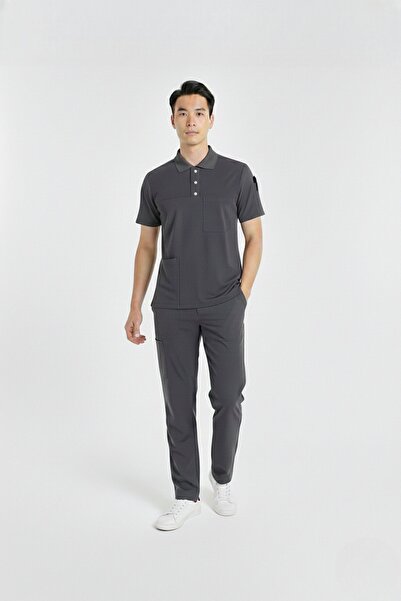 Nur Medikal Giyim Zulu Model Anthracite Polo Neck Stretch Fabric Men Doctor Nurse Scrubs Uniform Set